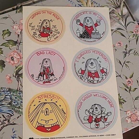 Vtg 80s CAthy Cathy Guisewite stickers on sheet page quantity 6 round Retro Y2k - Picture 4 of 16